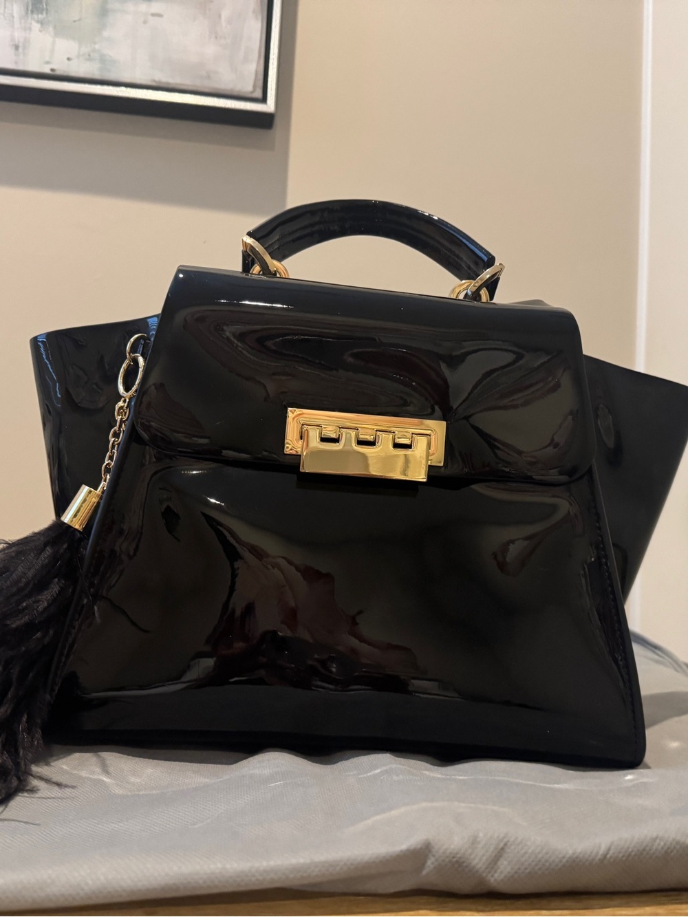 Black Patent Top-Handle Women's Bag with Gold Hardware